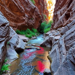 A picturesque small ravine nestled within a vast canyon, showcasing a gentle flow of clear water that glistens under the sun