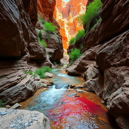 A picturesque small ravine nestled within a vast canyon, showcasing a gentle flow of clear water that glistens under the sun