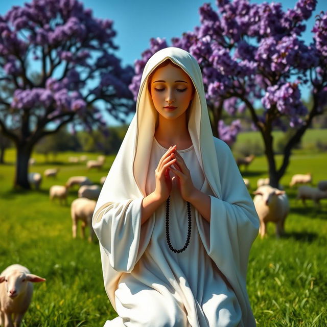 A close-up image of the Virgin Mary kneeling in prayer, surrounded by a peaceful pastoral landscape