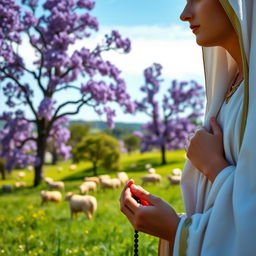 A close-up image of the Virgin Mary kneeling in prayer, surrounded by a peaceful pastoral landscape