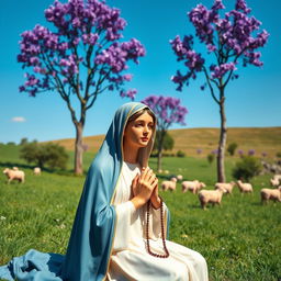 A close-up image of the Virgin Mary kneeling in prayer, surrounded by a peaceful pastoral landscape