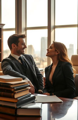 A romantic scene set in a luxury law office, featuring a handsome, well-dressed male lawyer with a confident demeanor smiling at his beautiful, yet modestly dressed female client who has captivating features