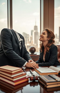 A romantic scene set in a luxury law office, featuring a handsome, well-dressed male lawyer with a confident demeanor smiling at his beautiful, yet modestly dressed female client who has captivating features