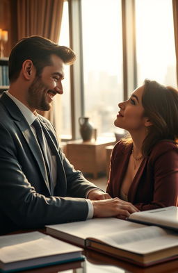 A romantic scene set in a luxury law office, featuring a handsome, well-dressed male lawyer with a confident demeanor smiling at his beautiful, yet modestly dressed female client who has captivating features