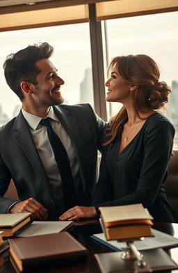 A romantic scene set in a luxury law office, featuring a handsome, well-dressed male lawyer with a confident demeanor smiling at his beautiful, yet modestly dressed female client who has captivating features
