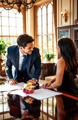 A romantic scene between a charming lawyer and his beautiful client in a luxurious office