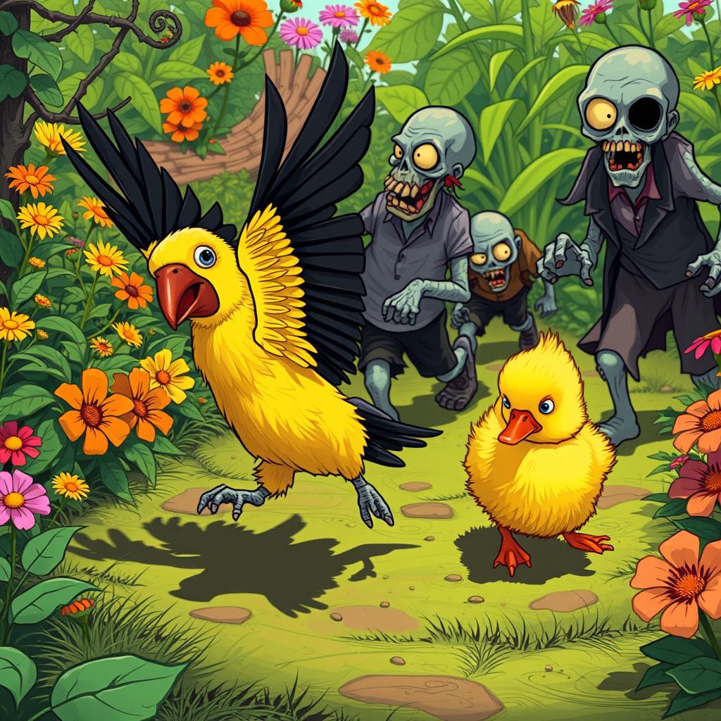 A lively and humorous scene depicting a Nanday Parakeet and a fluffy yellow duckling making a hasty escape from a group of cartoonish zombies in an overgrown, vibrant garden