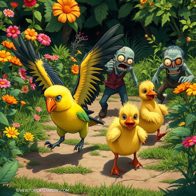 A lively and humorous scene depicting a Nanday Parakeet and a fluffy yellow duckling making a hasty escape from a group of cartoonish zombies in an overgrown, vibrant garden