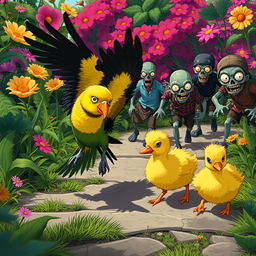 A lively and humorous scene depicting a Nanday Parakeet and a fluffy yellow duckling making a hasty escape from a group of cartoonish zombies in an overgrown, vibrant garden