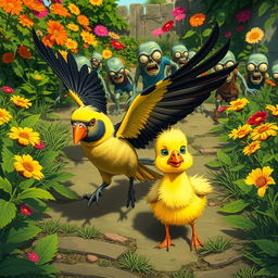 A lively and humorous scene depicting a Nanday Parakeet and a fluffy yellow duckling making a hasty escape from a group of cartoonish zombies in an overgrown, vibrant garden
