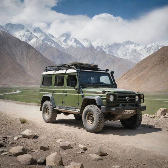 A rugged 4x4 vehicle from Tajikistan, built for the country's mountainous terrain, melding traditional design elements with modern technology