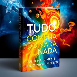 The book cover for 'TUDO COMEÇA DO NADA' featuring a mesmerizing blend of water, fire, and vibrant colors including shades of blue, red, and yellow