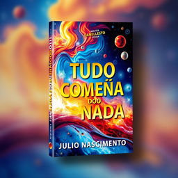 The book cover for 'TUDO COMEÇA DO NADA' featuring a mesmerizing blend of water, fire, and vibrant colors including shades of blue, red, and yellow