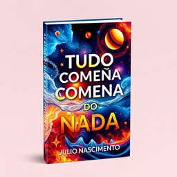 The book cover for 'TUDO COMEÇA DO NADA' featuring a mesmerizing blend of water, fire, and vibrant colors including shades of blue, red, and yellow