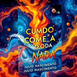 The book cover for 'TUDO COMEÇA DO NADA' featuring a mesmerizing blend of water, fire, and vibrant colors including shades of blue, red, and yellow
