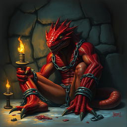 A striking scene featuring a male red lizardman, chained and critically injured, sitting against the damp stone wall of a dark dungeon