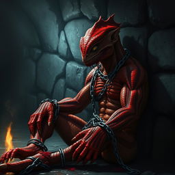 A striking scene featuring a male red lizardman, chained and critically injured, sitting against the damp stone wall of a dark dungeon