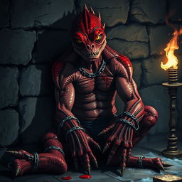A striking scene featuring a male red lizardman, chained and critically injured, sitting against the damp stone wall of a dark dungeon