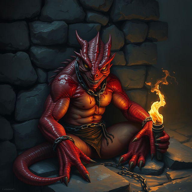 A striking scene featuring a male red lizardman, chained and critically injured, sitting against the damp stone wall of a dark dungeon