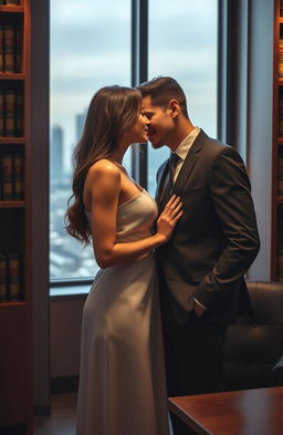 A romantic scene featuring a handsome male lawyer in a sleek, tailored suit leaning in close to a beautifully delicate female client