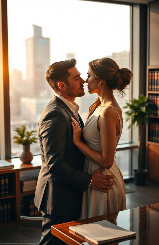 A romantic scene featuring a handsome male lawyer in a sleek, tailored suit leaning in close to a beautifully delicate female client