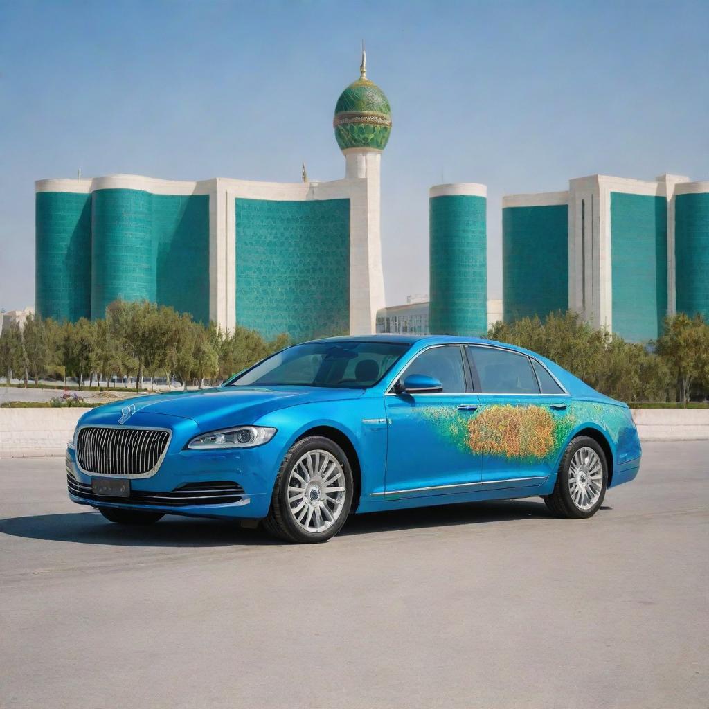 A luxurious and modern car from Turkmenistan, painted in vibrant colors, equipped with top-tier technological features and set against a backdrop of avant-garde Ashgabat city architecture, showcasing high-end Turkmen design aesthetics