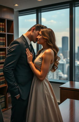A romantic scene featuring a handsome male lawyer in a sleek, tailored suit leaning in close to a beautifully delicate female client