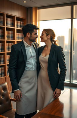 A romantic scene featuring a handsome male lawyer in a sleek, tailored suit leaning in close to a beautifully delicate female client