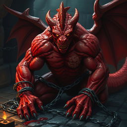A dramatic scene featuring a red dragon-man, lacking wings, chained and critically injured in a grim dungeon
