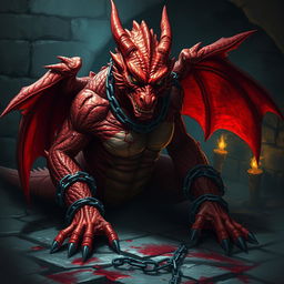 A dramatic scene featuring a red dragon-man, lacking wings, chained and critically injured in a grim dungeon