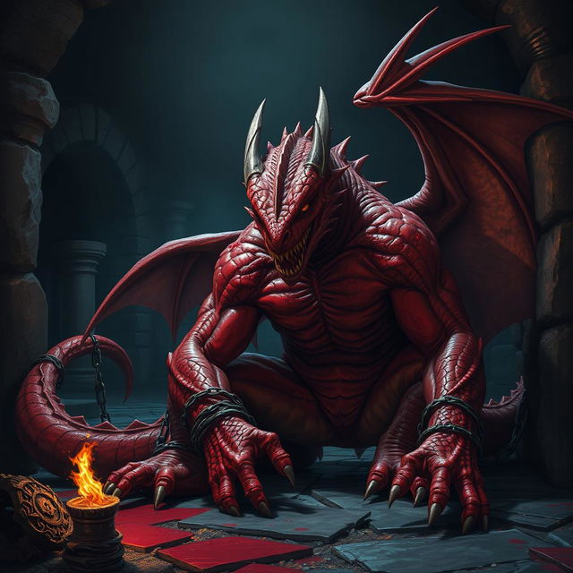 A dramatic scene featuring a red dragon-man, lacking wings, chained and critically injured in a grim dungeon