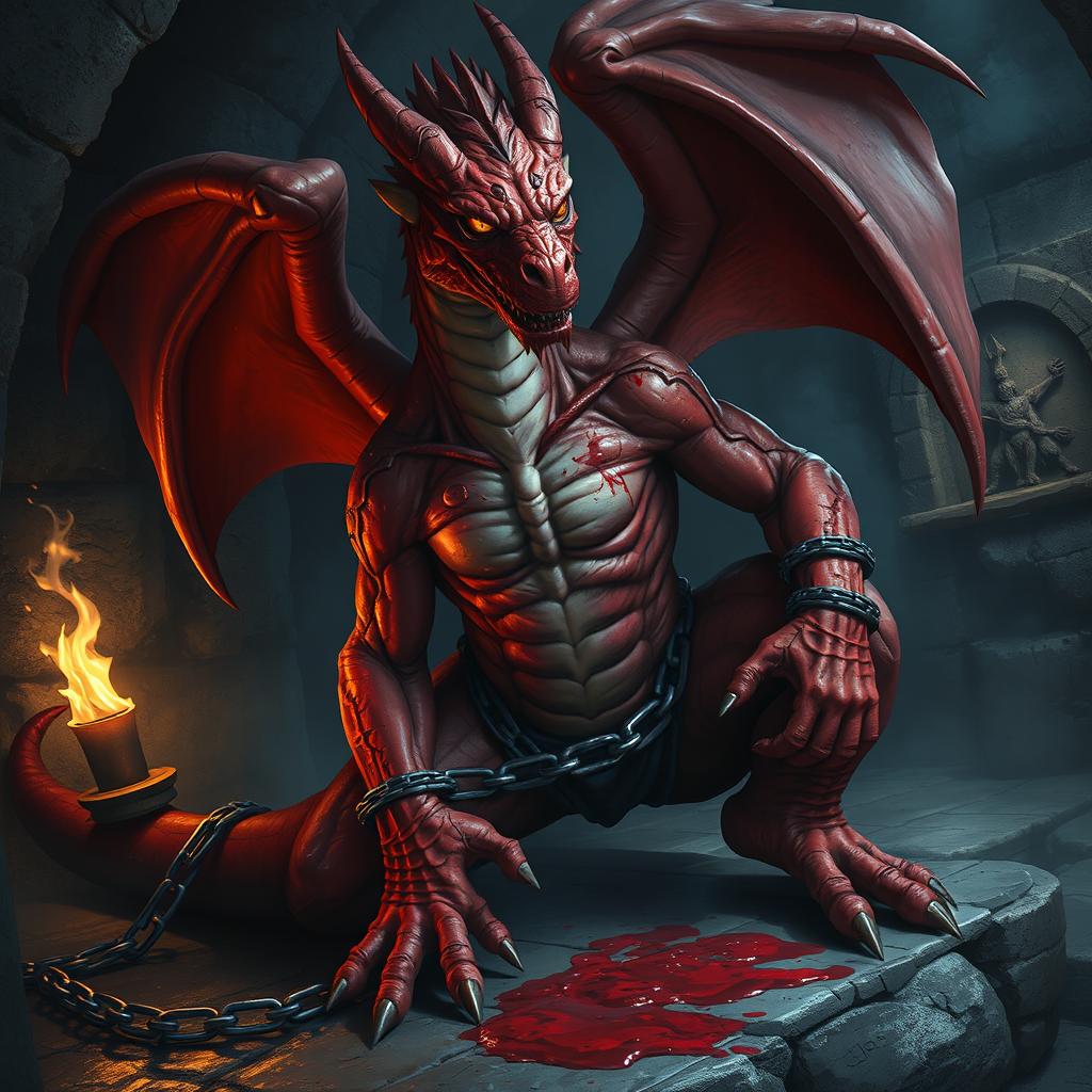 A dramatic scene featuring a red dragon-man, lacking wings, chained and critically injured in a grim dungeon