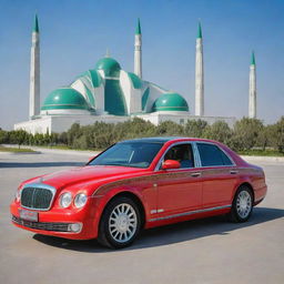 A luxurious and modern car from Turkmenistan, painted in vibrant colors, equipped with top-tier technological features and set against a backdrop of avant-garde Ashgabat city architecture, showcasing high-end Turkmen design aesthetics