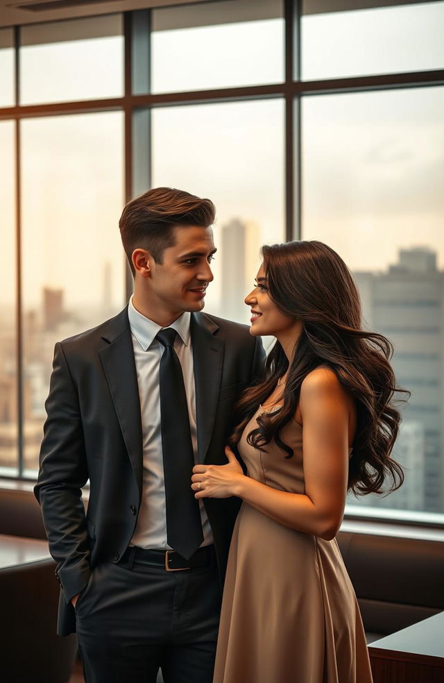 A romantic scene depicting a handsome lawyer in a sharp suit, engaging in a heartfelt conversation with his beautiful female client