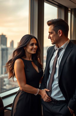 A romantic scene depicting a handsome lawyer in a sharp suit, engaging in a heartfelt conversation with his beautiful female client