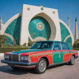 A luxurious and modern car from Turkmenistan, painted in vibrant colors, equipped with top-tier technological features and set against a backdrop of avant-garde Ashgabat city architecture, showcasing high-end Turkmen design aesthetics