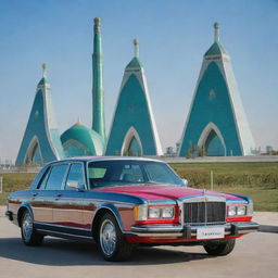 A luxurious and modern car from Turkmenistan, painted in vibrant colors, equipped with top-tier technological features and set against a backdrop of avant-garde Ashgabat city architecture, showcasing high-end Turkmen design aesthetics