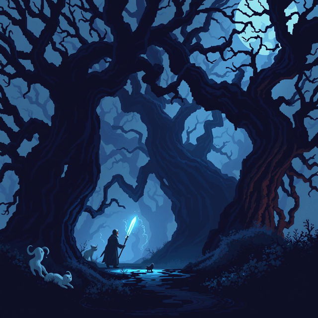 A captivating dark fantasy pixel art scene featuring a shadowy enchanted forest