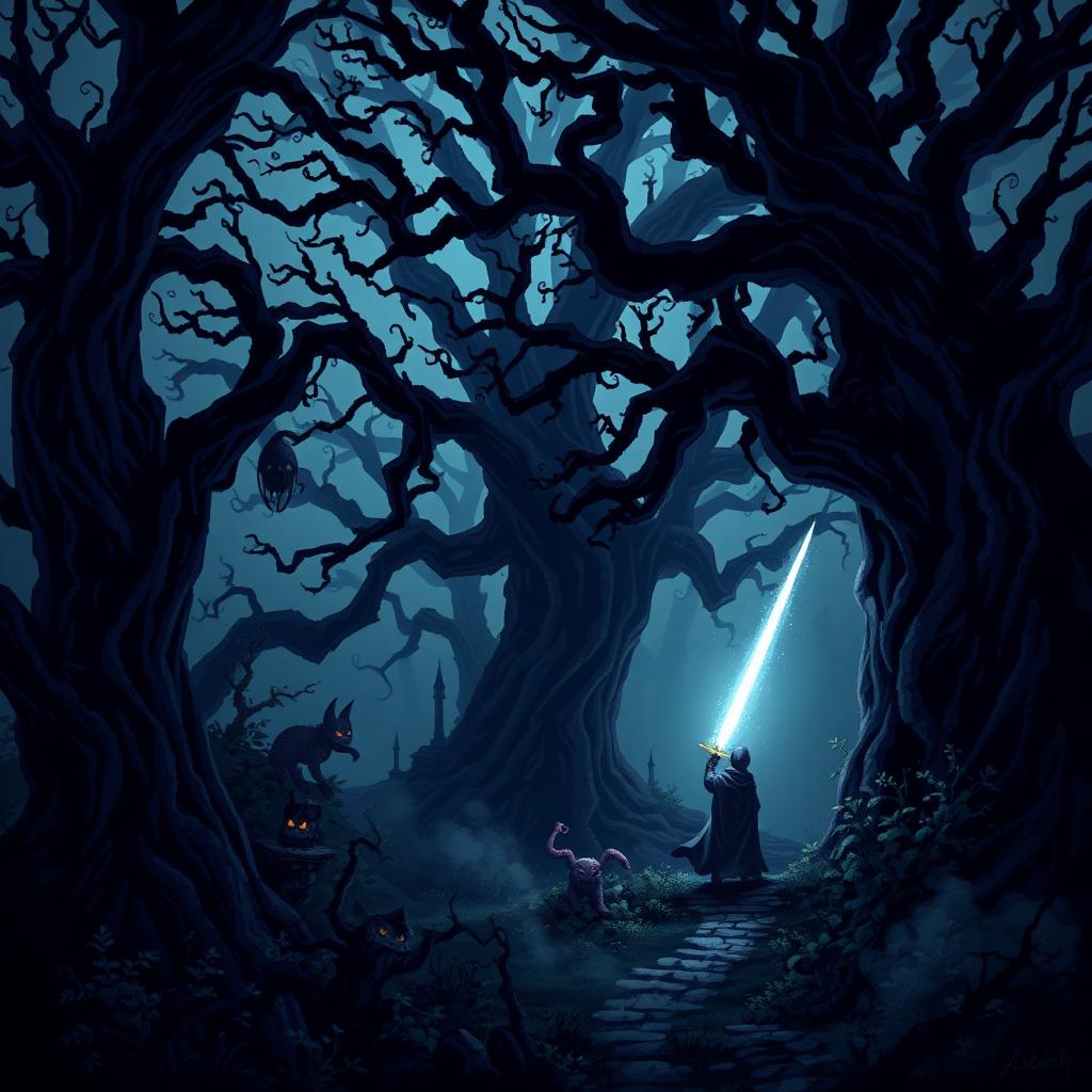 A captivating dark fantasy pixel art scene featuring a shadowy enchanted forest