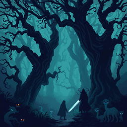 A captivating dark fantasy pixel art scene featuring a shadowy enchanted forest