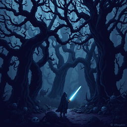 A captivating dark fantasy pixel art scene featuring a shadowy enchanted forest