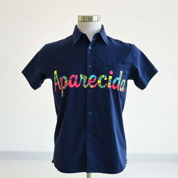 A dark blue shirt with the words 'Aparecida' written in bold, colorful inks on it