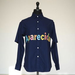 A dark blue shirt with the words 'Aparecida' written in bold, colorful inks on it
