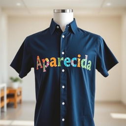 A dark blue shirt with the words 'Aparecida' written in bold, colorful inks on it
