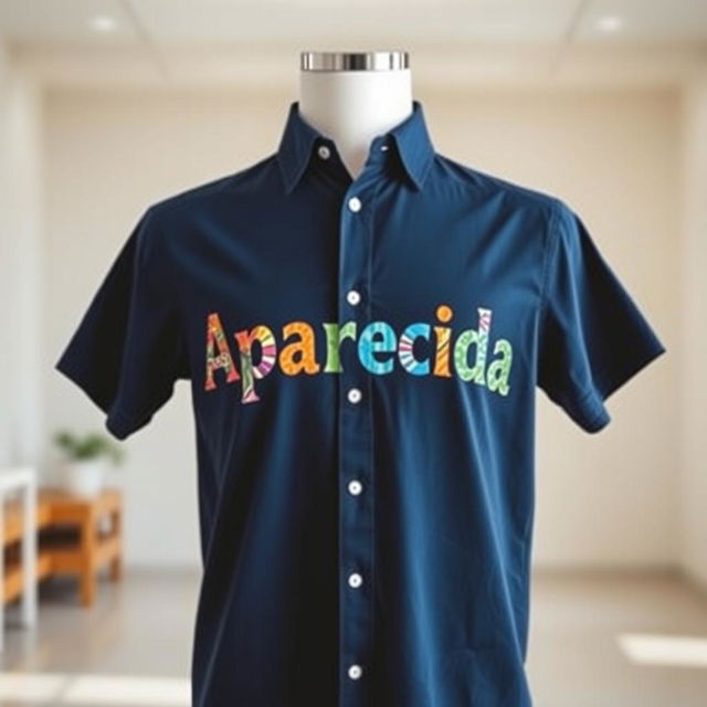 A dark blue shirt with the words 'Aparecida' written in bold, colorful inks on it