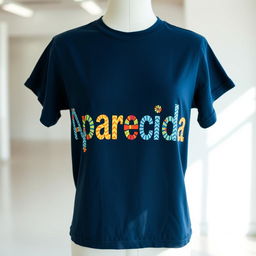 A dark blue shirt with the words 'Aparecida' written in bold, colorful inks on it