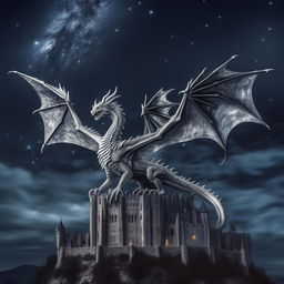 A silver dragon perched atop a gothic castle under a moonlit, starry sky