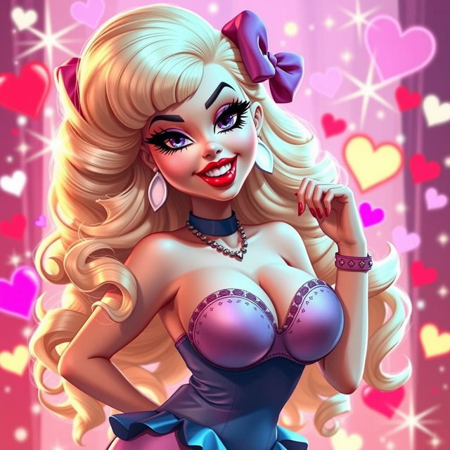 A stunning bimbo character with exaggerated features, particularly large breasts, wearing a playful and colorful outfit