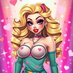 A stunning bimbo character with exaggerated features, particularly large breasts, wearing a playful and colorful outfit