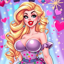 A stunning bimbo character with exaggerated features, particularly large breasts, wearing a playful and colorful outfit